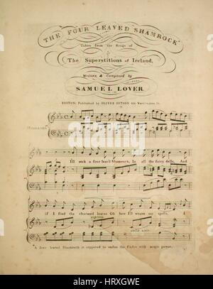 Sheet Music image de couverture de la chanson 'Les quatre feuilles Shamrock prises à partir des chansons de superstitions d'Irlande", avec l'auteur original "Lecture notes écrites et composées par Samuel Lover', United States, 1900. L'éditeur est répertorié comme 'Oliver Ditson et Co., 115 Washington St.', la forme de composition trophique', 'est l'instrumentation est 'piano et voix", la première ligne se lit "Je vais chercher une partie avait quatre Shamrock, à tous les contes de dells', et l'illustration artiste est répertorié comme 'Aucun'. Banque D'Images