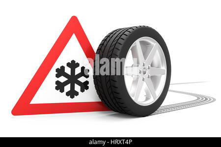 Panneau de circulation avec symbole d'hiver, pneu de voiture avec voie isolé sur fond blanc le rendu 3D Banque D'Images