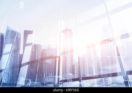 Résumé Contexte moderne d'affaires avec double exposition cityscape Banque D'Images