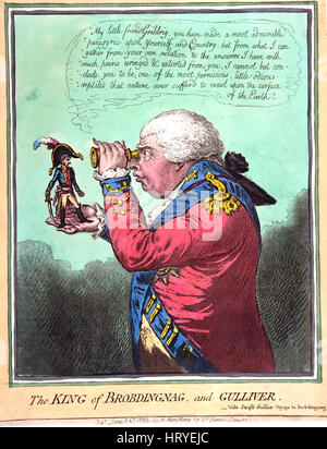 JAMES GILLRAY (c 1756-1815) English caricaturiste. Sa caricature satirique 1803 'Le Roi de Brobdingnag et Gulliver' montre George III L'observation d'un mini Napoléon à travers une loupe. Banque D'Images