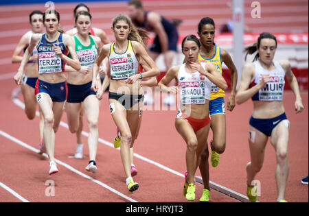 Belgrade, Serbie. 08Th Mar, 2017. Konstanze Klosterhalfen (4e r) de l'Allemagne en action au cours de la women's 1 500 m finales à l'Europe d'athlétisme en salle 2017 finale à Belgrade, Serbie, 04 mars 2017. Photo : Sven Hoppe/dpa/Alamy Live News Banque D'Images