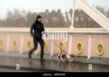 Londres, Royaume-Uni. 5 mars, 2017. Les Londoniens pris dans pluie torrentielle sur Albert Bridge le dimanche après-midi. Credit : JOHNNY ARMSTEAD/Alamy Live News Banque D'Images