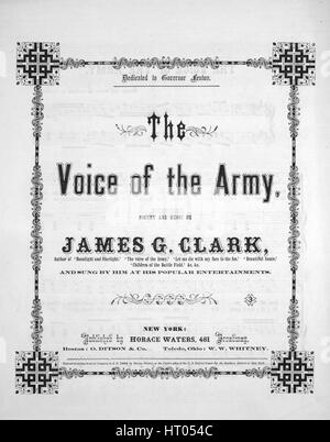 Sheet Music image de couverture de la chanson 'La Voix de l'Armée', avec des notes d'auteur original 'lecture Poésie et musique par James Clark G', United States, 1864. L'éditeur est répertorié comme "Horace Waters, 481 Broadway', la forme de la composition est "avec chœur trophique', l'instrumentation est 'piano et voix", la première ligne se lit "de l'Ouest, où les rivières en majesté d'exécuter et de l'audacieuse highlands attraper le dernier baiser du soleil', et l'illustration artiste est répertorié comme 'Aucun'. Banque D'Images