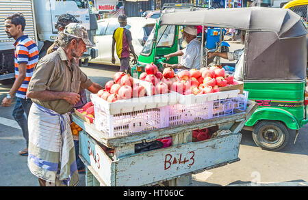 COLOMBO, SRI LANKA - 6 décembre 2016 : le vendeur de rue avec le petit panier, rempli de grenades et autres fruits dans la rue animée de Pe Banque D'Images