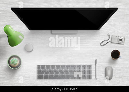 Bureau d'accueil moderne de travail. L'écran de l'ordinateur avec clavier, souris, stylo, cadran, lampe, usine, tasse de café et d'un appareil photo numérique. Espace libre pour hero roelandt Banque D'Images