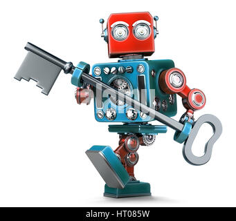 Robot Retro tenant une grosse clé antique dans ses mains. Isolated over white. Contient clipping path Banque D'Images