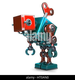 Wind-up surchargés de robot avec blocage clé dans son dos. Isolated over white. Contient clipping path Banque D'Images