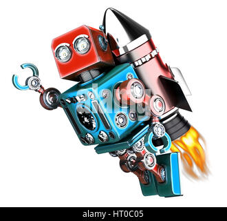 Flying retro robot. Technologie concept. Isolées. Contient clipping path Banque D'Images