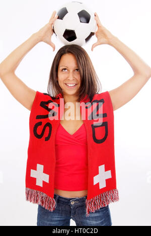 Junge Frau mit Schweiz-Schal und Fu ?ball, Fu ?ballfan, Euro 2008 - Swiss soccer fan Banque D'Images