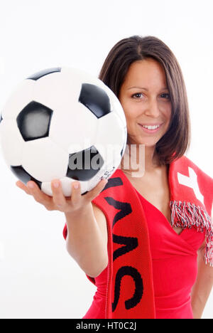 Junge Frau mit Schweiz-Schal und Fu ?ball, Fu ?ballfan, Euro 2008 - Swiss soccer fan Banque D'Images