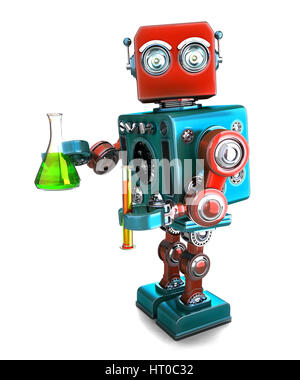 Robot rétro avec la verrerie de laboratoire. Isolated over white. Contians clipping path Banque D'Images