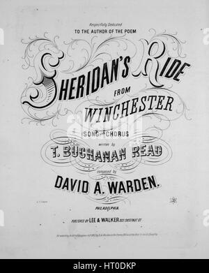 Image de couverture partitions de la chanson 'Sheridan's Ride de Winchester et chanson Chorus', avec une œuvre originale écrite par "Lecture notes T Buchanan Lire composée par David un gardien', United States, 1865. L'éditeur est répertorié comme 'Lee et Walker, 922 Chestnut St.', la forme de la composition est "avec chœur trophique', l'instrumentation est 'piano et voix", la première ligne du message "en remontant du sud dès le point du jour, apportant de la Winchester de consternation', et l'illustration artiste est répertorié comme "G.F. Swain'. Banque D'Images