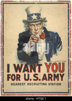 La Première Guerre mondiale, l'affiche de recrutement pour l'armée américaine avec l'Oncle Sam par l'artiste James Montgomery Flag, c1917. Banque D'Images