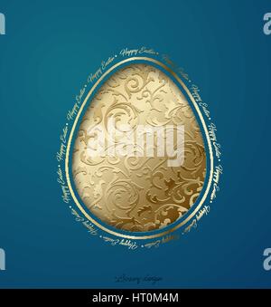 Carte de vœux de Pâques avec des oeufs coupe papier motif floral doré. Fond bleu turquoise. Joyeuses Pâques texte autour. Illustration de Vecteur