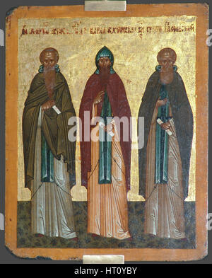 Saints Chariton le confesseur, Barlaam de Khutyn et Serge de Radonezh, 15e siècle. Artiste : icône russe Banque D'Images