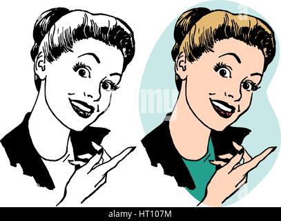 A smiling blonde woman points à quelque chose d'intéressant Illustration de Vecteur