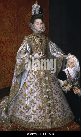 L'Infanta Isabel Clara Eugenia (1566-1633) avec le nain, Magdalena Ruiz, 1585-1588. Artiste : Alonso Sánchez Coello, (1531-1588) Banque D'Images