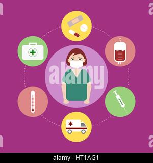 Femme médecin entouré par des icônes. Professionnels des soins médicaux en costume avec un masque chirurgical. Concept d'urgence, chirurgien. Éléments de premiers soins Illustration de Vecteur