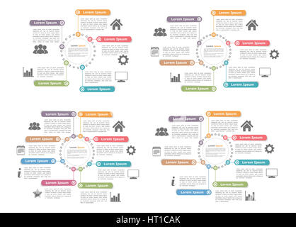 Les modèles de diagramme circulaire avec cinq, six, sept et huit éléments, étapes ou options, eps10 vector illustration Banque D'Images