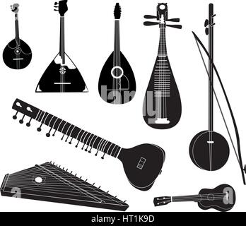 Instruments de musique ethnique vector set. instrument de musique silhouette sur fond blanc. Illustration de Vecteur