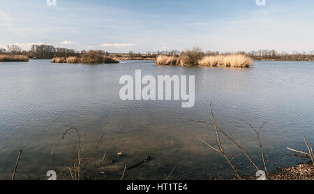 Podhornik étang avec de petites îles et de ciel bleu entre les jistebnik nad odrou polanka et près de la ville d'Ostrava dans poodri chko au début du printemps 24 Banque D'Images