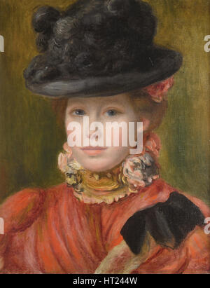 Girl in black hat avec les fleurs rouges, ch. 1890. Artiste : Renoir, Pierre Auguste (1841-1919) Banque D'Images