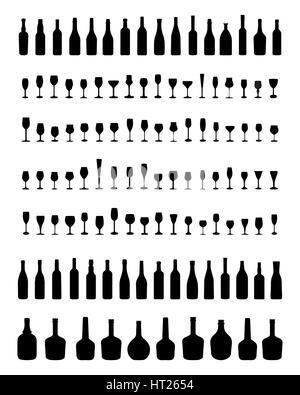 Silhouettes noires de bols, bouteilles et verres, vector Banque D'Images