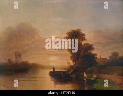 'Sunset sur une rivière, avec moulin et Cottage", 1848, (1938). Artiste : Salomon Leonardus Verveer. Banque D'Images