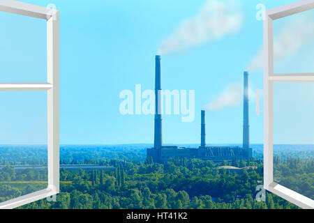 Fenêtre donnant sur le paysage avec la nature et la pollution de l'environnement par tubes industriels Banque D'Images