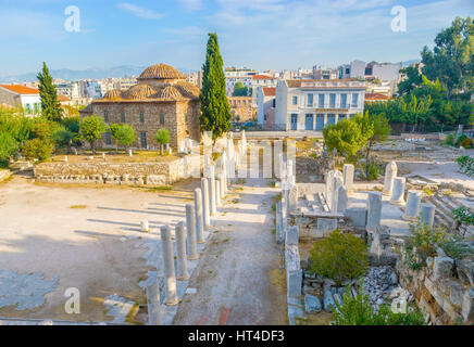 Agora romaine est le site archéologique où les voisins et anciens bâtiments médiévaux, Athènes, Grèce Banque D'Images