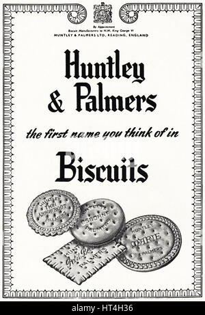 1950 annonce publicitaire de l'original old vintage magazine anglais daté 1950 publicité pour des biscuits Huntley & Palmers par nomination royale au roi George VI Banque D'Images