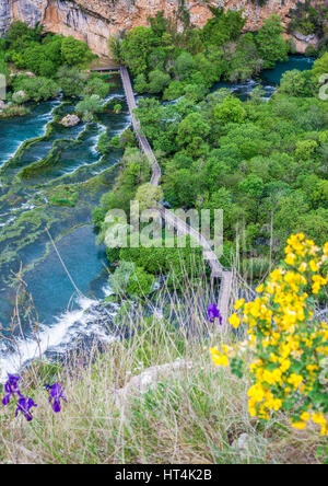 Les fleurs de printemps dans le parc national de Krka. Pont de bois sur la rivière Krka près de Roski slap en Croatie Banque D'Images