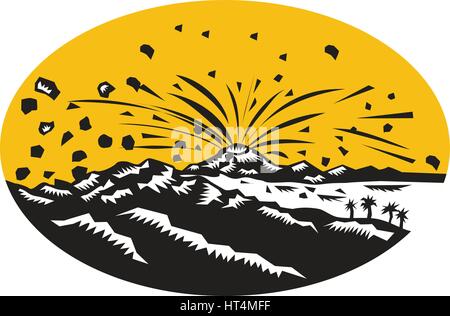 Illustration d'une éruption du volcan éruption volcanique résultant de la formation de l'île situé à l'intérieur de la forme ovale fait en gravure sur bois de style. Illustration de Vecteur