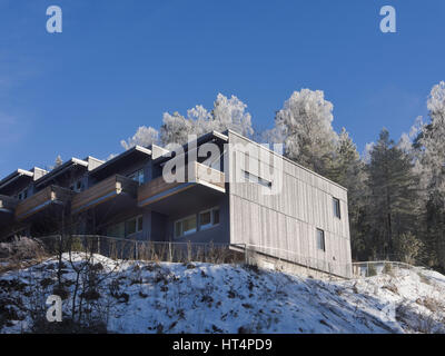 Rangée de maisons à Mortensrud à proximité des forêts dans la banlieue d'Oslo en Norvège, de plus en plus de foyers de taille moyenne de la famille nécessaires dans une capitale en pleine expansion Banque D'Images