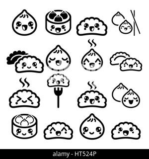 Kawaii cute Asian dumplings chinois, dim sum alimentaire vector icons set Illustration de Vecteur