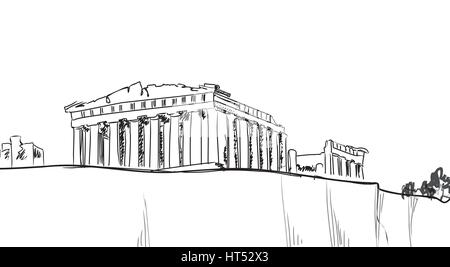 Billet Grèce signe. Athènes célèbre bâtiment historique avec lettrage dessinés à la main, Athènes, Grèce. Illustration de Vecteur