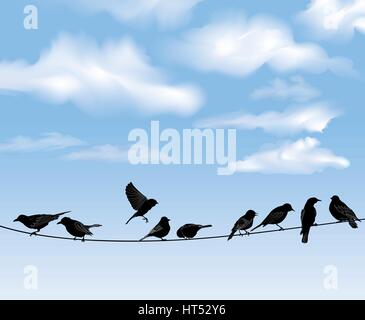 Ensemble d'oiseaux sur les fils, sur fond de ciel bleu. un vecteur illustration Illustration de Vecteur
