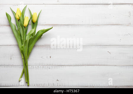 Tulipes jaunes sur les planches de bois blanc Banque D'Images