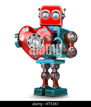 3d Robot mignon rétro obot avec cœur rouge. Isolated over white. Contient clipping path Banque D'Images