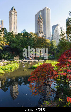 Parc de la ville, vue sud de Central Park avec étang et feuillage d'automne au premier plan et l'horizon de New York / gratte-ciel en arrière-plan. Banque D'Images