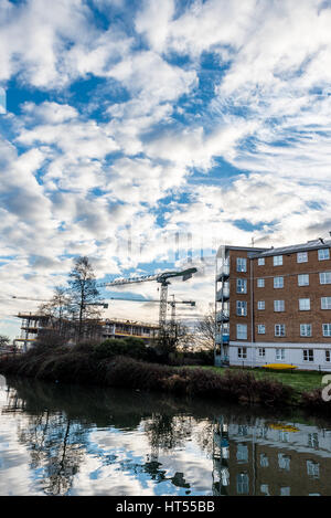 Site de construction et grues à côté de la rivière Nene, Northampton. Banque D'Images