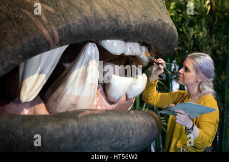 Un membre du personnel fait les derniers ajustements à un multi-sensoriel, chef de l'animatronic Kong qu'il est dévoilé à Madame Tussauds, London. Banque D'Images