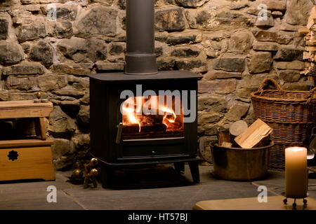 Poêle à bois dans la cheminée avec feu de cheminée, des bûches et des pinces donne une humeur de confort et de convivialité et de sentiment de bien-être Banque D'Images