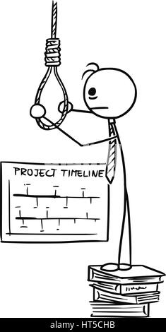 Vector Cartoon doodle stickman préparer la corde pour suspendre le suicide en raison du délai de travail serrés Illustration de Vecteur