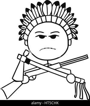 Cartoon vector stickman d'origine indienne chieftain tribal avec fusil et tomahawk. Illustration de Vecteur