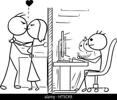 Vector Cartoon doodle stickman homme et femme couple amoureux s'embrasser à l'office de tourisme, travail, travaillent à l'abri des co-workers Illustration de Vecteur