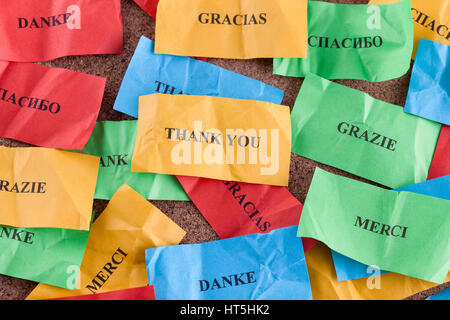 Merci en plusieurs langues sur des morceaux de papier coloré. Banque D'Images