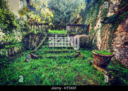 Escalier dans un jardin abandonné en Italie Banque D'Images