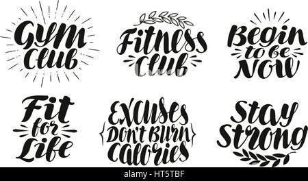 Sport, Fitness, gym, de l'identité de l'étiquette. Concept de motivation, d'un symbole. Le lettrage, calligraphie vector illustration Illustration de Vecteur