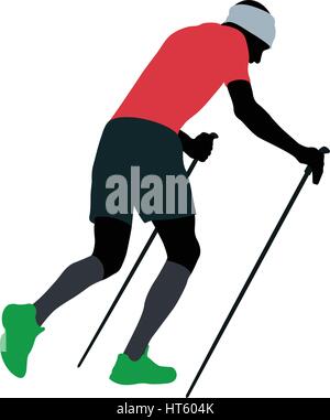 Homme coureur avec bâtons de marche en marche en montée dans des chaussettes de compression Illustration de Vecteur